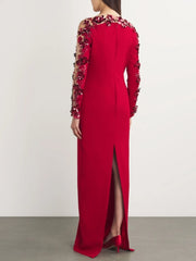 Sequin mesh long-sleeve red party dress displayed for celebrity occasions against a white background