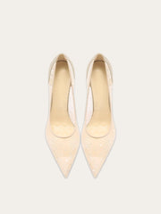 a sequin pump with a pointed toe and a thin heel.