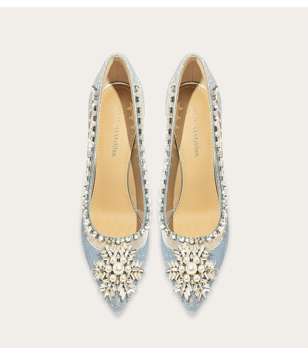 Mesh wedding pumps with sequins, pearls, and rhinestones