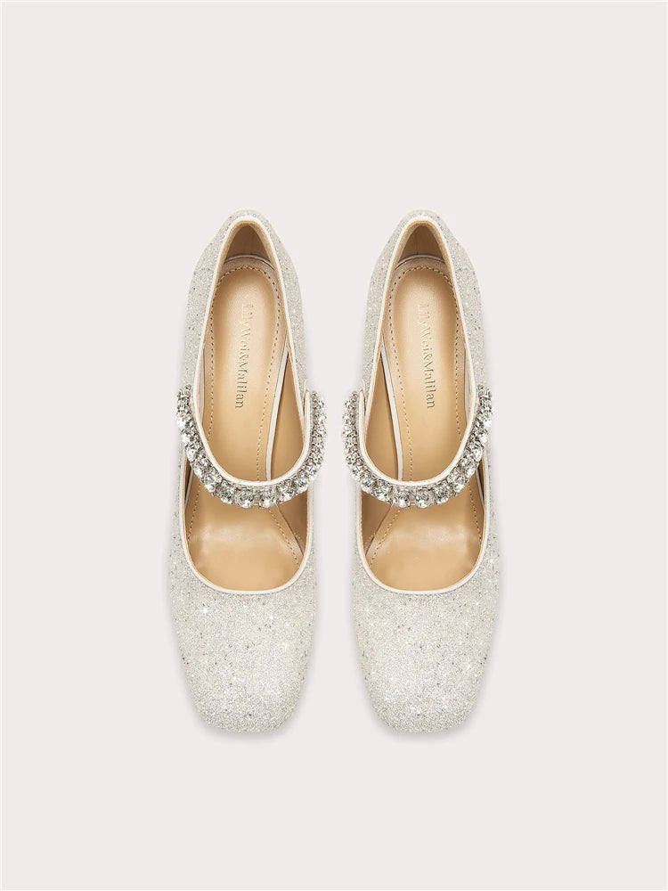 Square toe sequin rhinestone bridal pumps