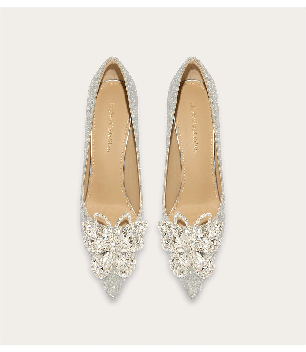 Sparkly sequin rhinestone stilettos with butterfly bow