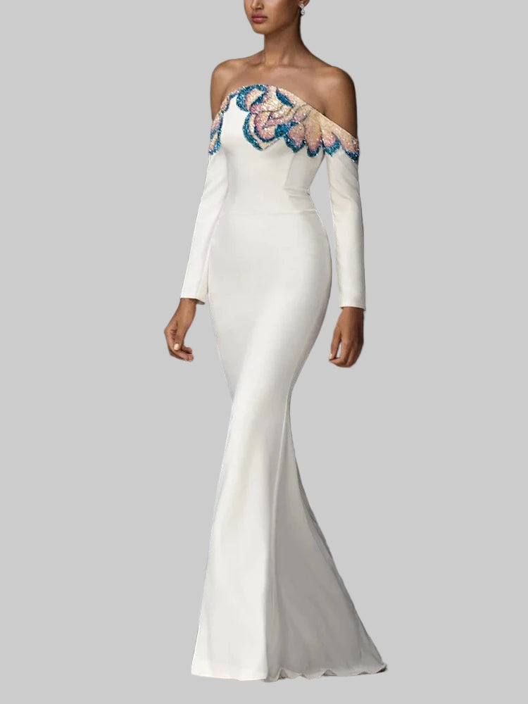 Long sleeve sheath gown with bead detailing