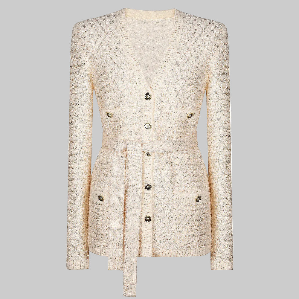 Front view of a beige textured knit coat with a waist tie and button details, presented cleanly against a studio background.