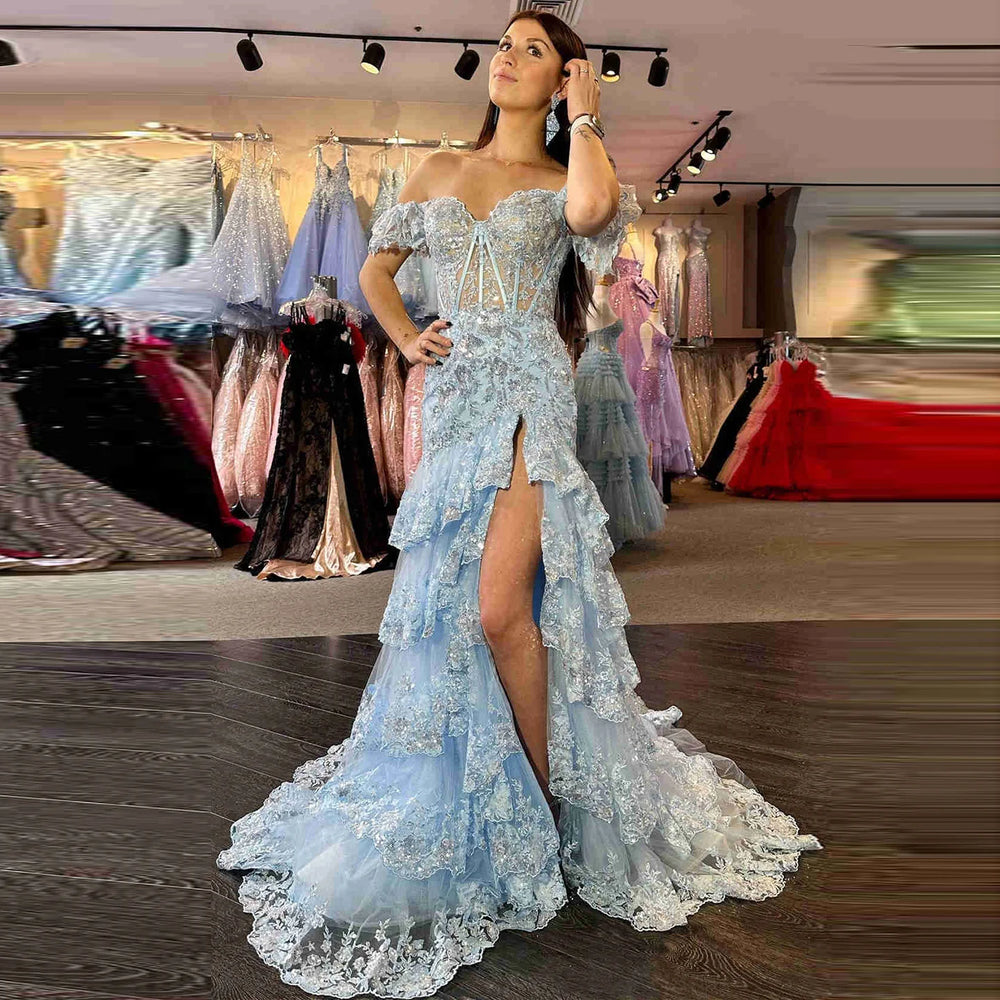 Front view highlighting the tiered skirt layers and floor-length hem