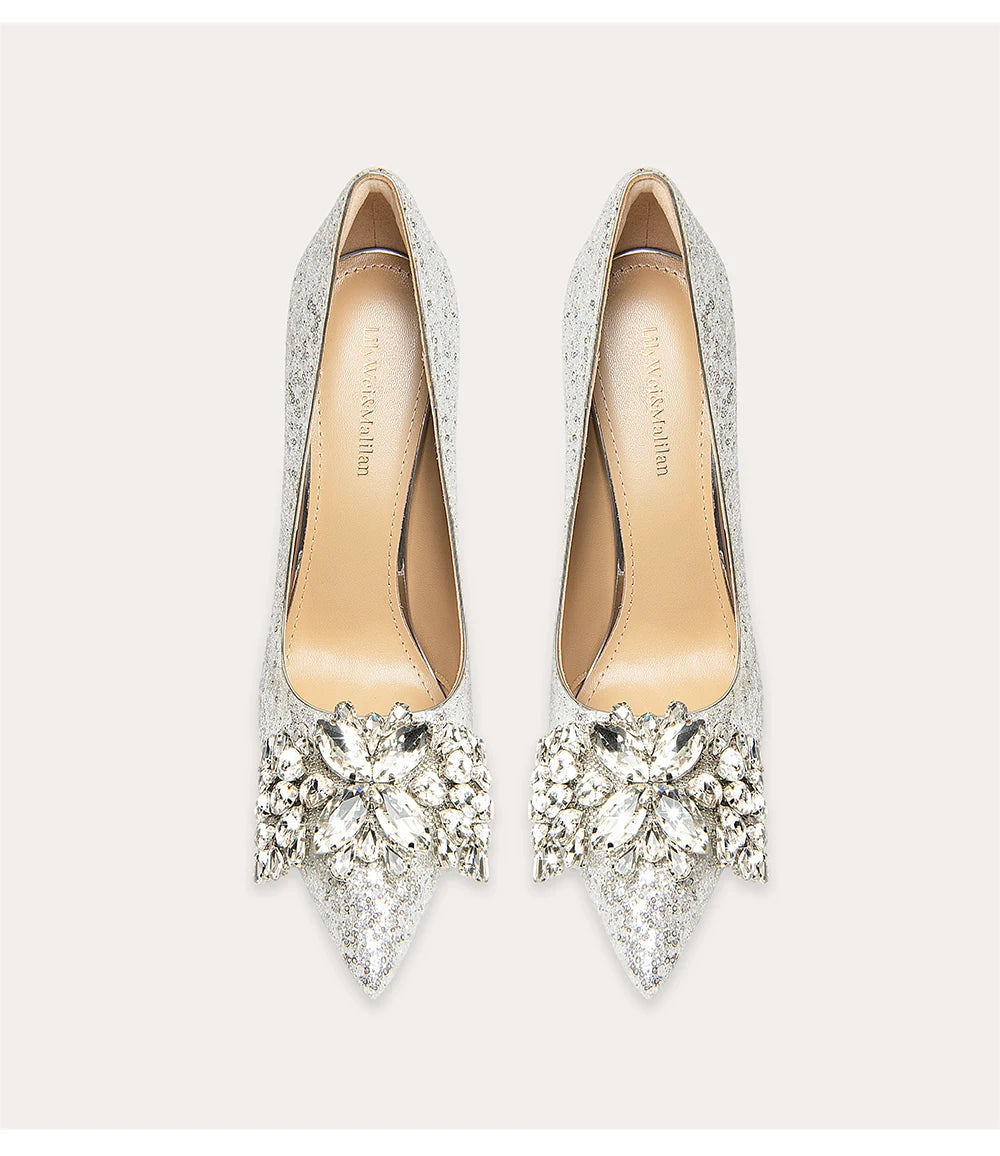 Sequined crystal pointed wedding heels for women