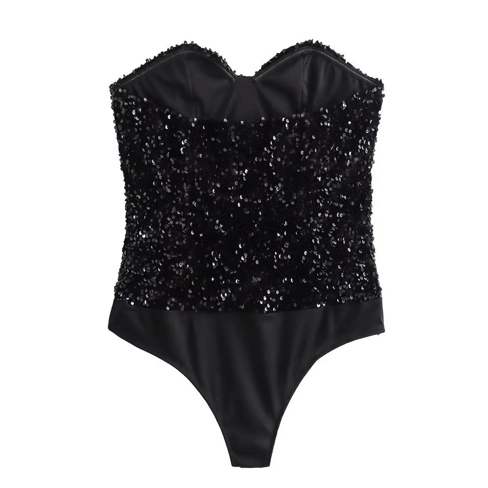 Strapless black sequined bodysuit styled against a clean background.