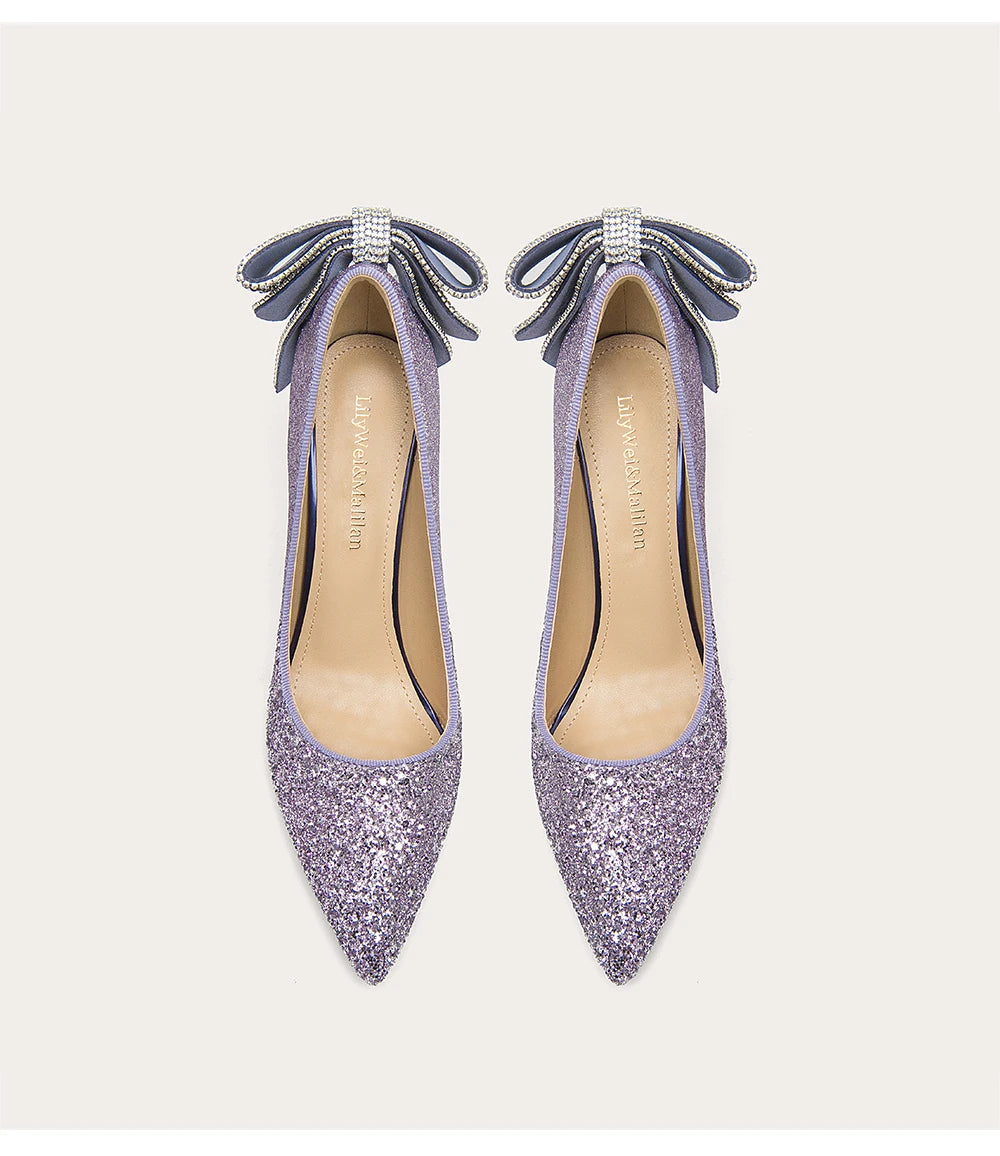 Sequined rhinestone bow stiletto pumps for women