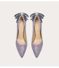 Sequined rhinestone bow stiletto pumps for women