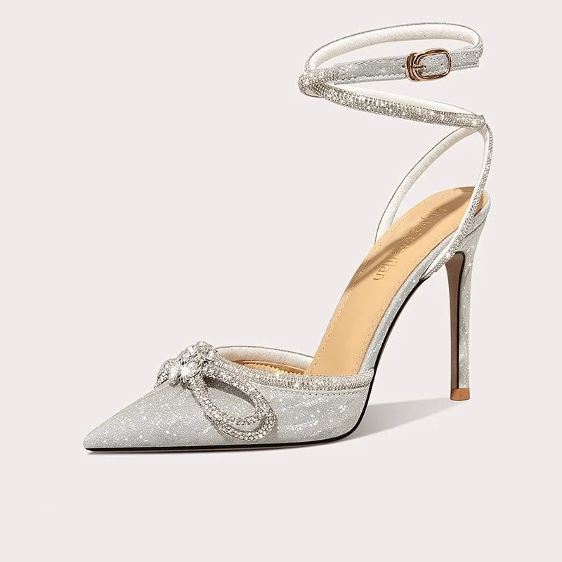 Sequins stiletto sandals with rhinestone bow detail