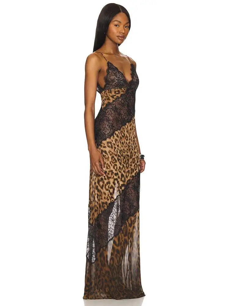 Sexy sleeveless backless leopard maxi dress for women