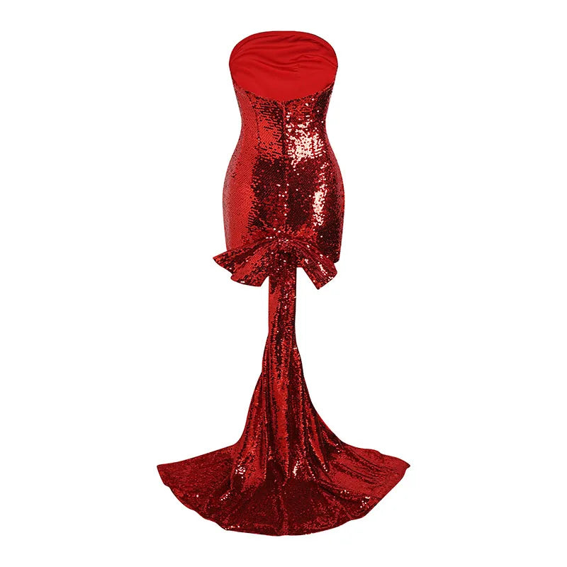 The back view of the dress, showing the elegant bow detail.