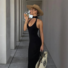 Sexy knit clubwear black halter neck dress for autumn events