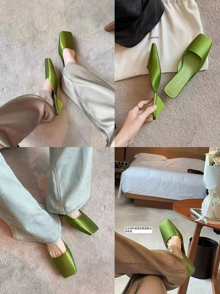 Casual green slip-on party mules with PU upper