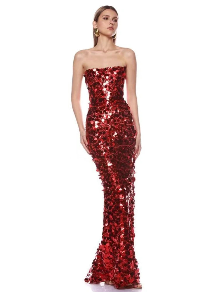 Floor length structured sheath gown styled for gala nights