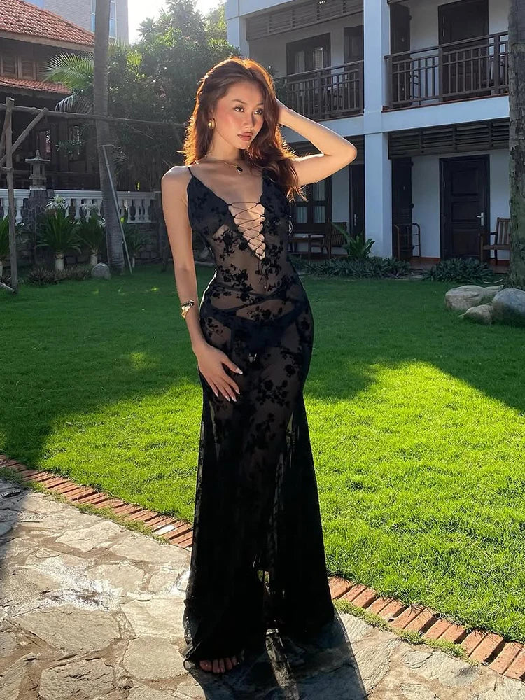 sheer black lace up maxi dress with floral mesh for beach parties