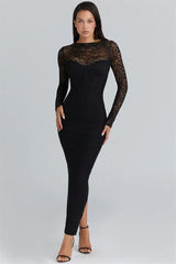 Full-length view highlighting the sculpted bodice and lace overlay as the model stands against a soft, neutral background.