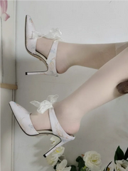 Sheer ribbon party mules in white for bridal and formal fashion