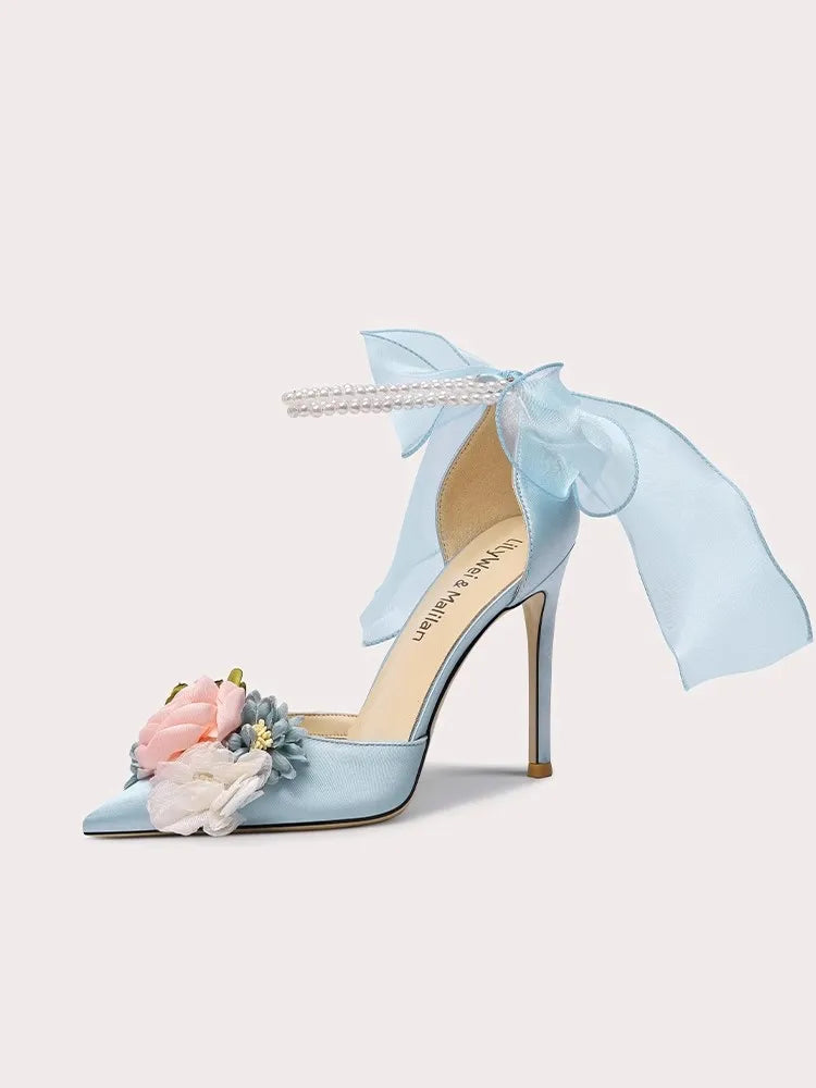 Sheer ribbon stiletto party heels designed for women’s prom and events
