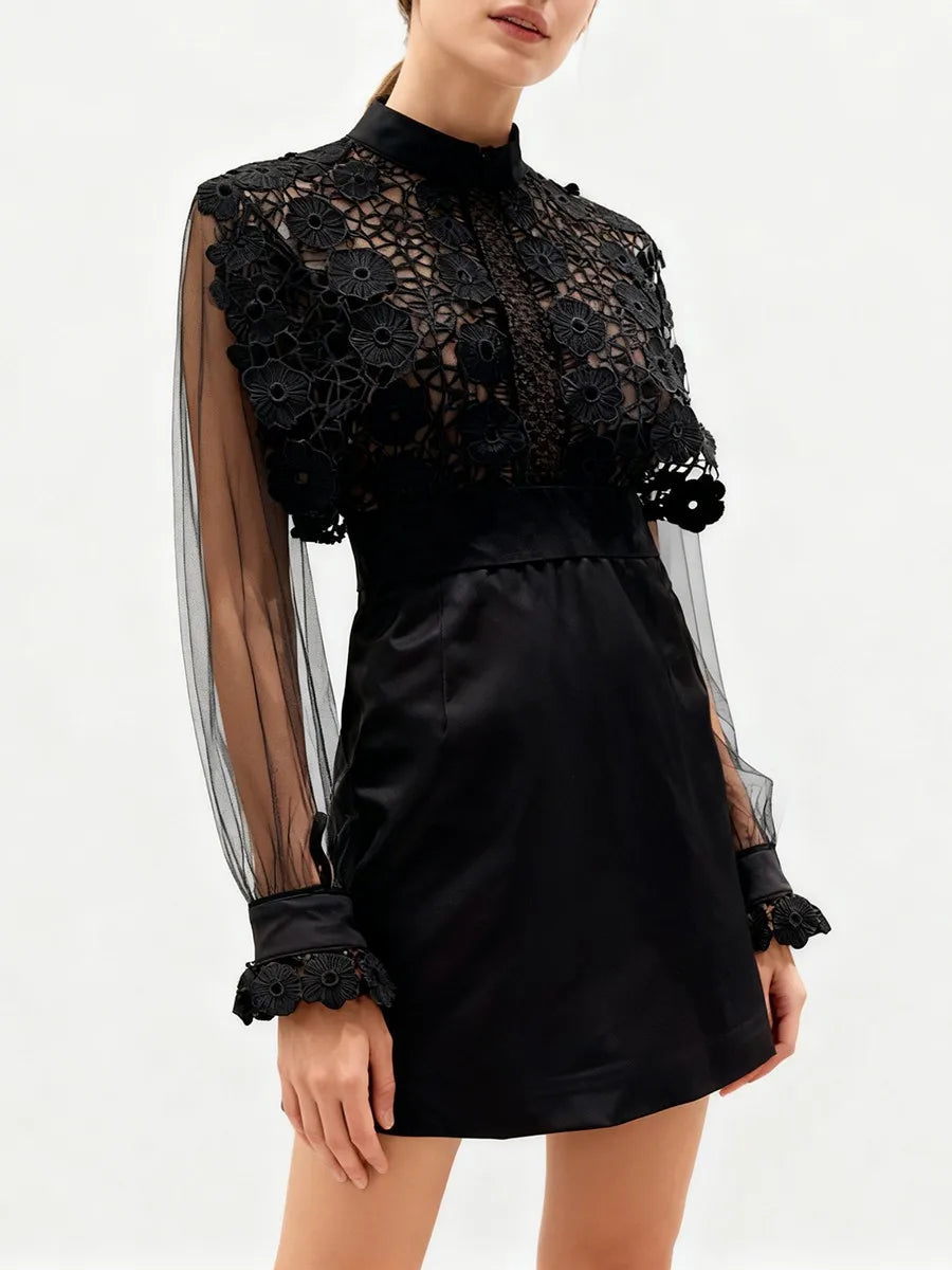 Styled look featuring the embroidered mini dress paired with minimal accessories for an evening outfit