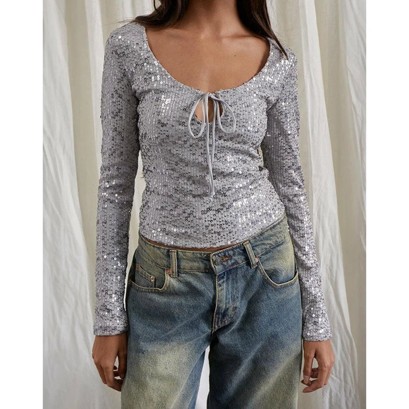 Shimmer long sleeve tie-front crop top with silver sequins