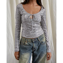 Shimmer long sleeve tie-front crop top with silver sequins