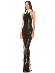 Woman wearing a  Shiny ankle-length sheath party dress for upscale evenings on a white background