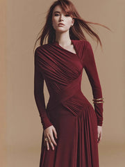 Shirred bodice detail on a floor-length evening dress with slim silhouette