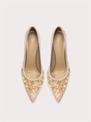 Silk pointed toe pumps with delicate bead embellishments
