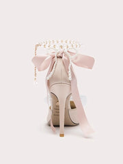 Silk beaded Lolita party sandals with pink ankle bows