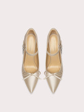 Silk bow wedding pumps with pointed toe and thin heel