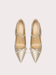 Silk bow wedding pumps with pointed toe and thin heel