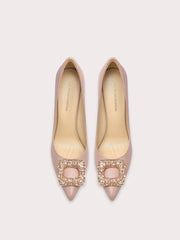 Silk surface pointed toe heels with diamond buckle