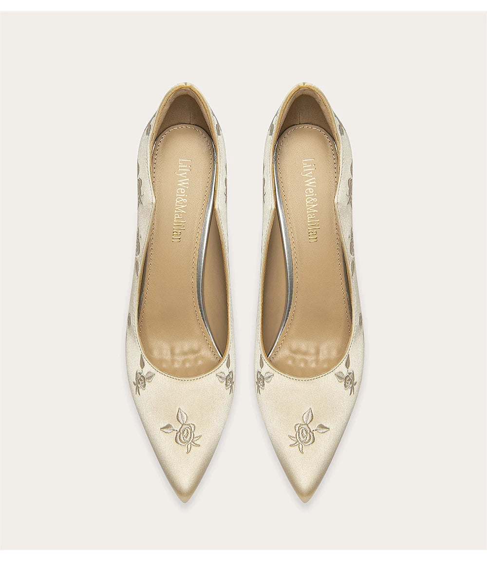 Silk embroidered pointed toe bridal pumps