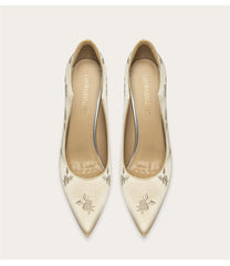 Silk embroidered pointed toe bridal pumps