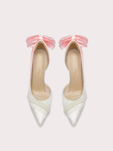 Side-cut silk sandals with lace bow and thin heel