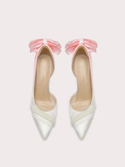 Side-cut silk sandals with lace bow and thin heel