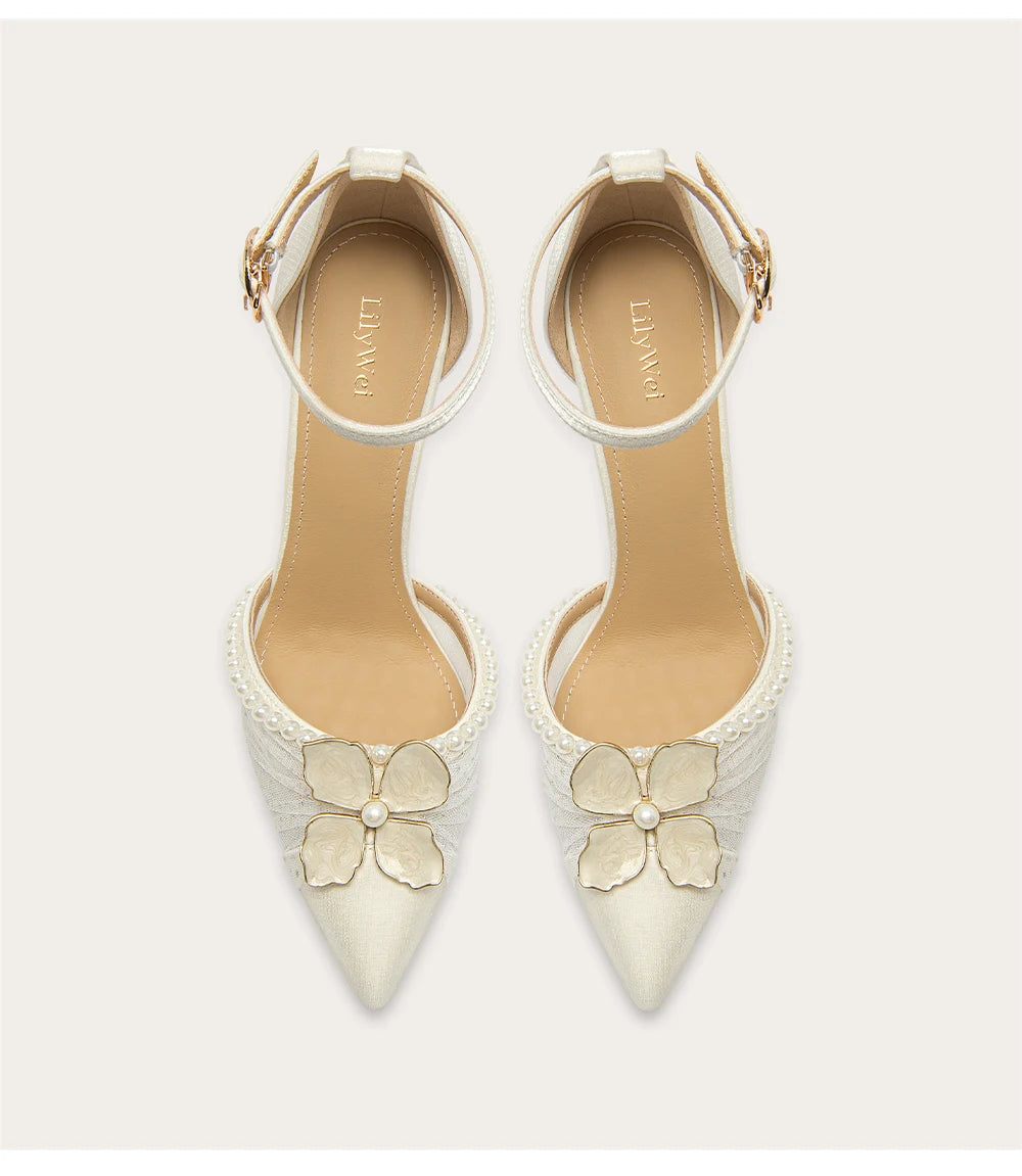 Pointed toe silk lace bridal sandals with pearl flowers