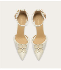 Pointed toe silk lace bridal sandals with pearl flowers