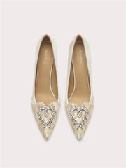 Silk lace rhinestone pumps with pointed toe and thin heel