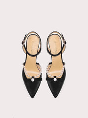 Silk pearl bow pointed sandals with thin stiletto heel