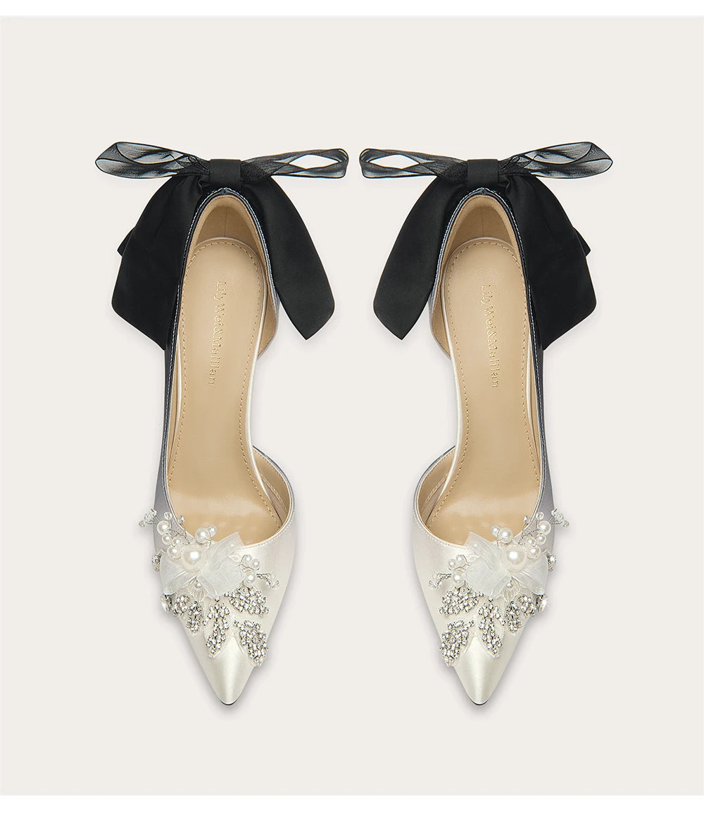 Silk high heel sandals with pearl rhinestone bow detail
