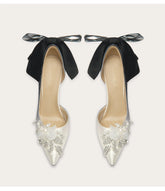 Silk high heel sandals with pearl rhinestone bow detail