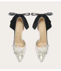 Silk high heel sandals with pearl rhinestone bow detail