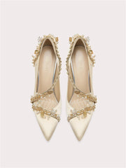 Silk wedding pumps with pearl strap and pointed toe