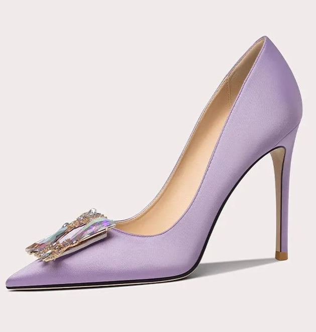 Silk pointed toe formal heels for women with sparkling crystal accents