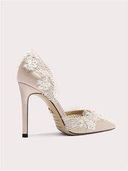 Silk pointed wedding stiletto pumps with lace applique
