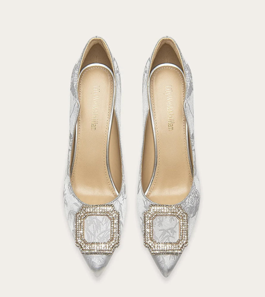 Silk print pointed toe pumps with crystal buckle