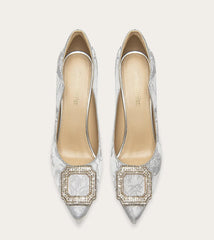 Silk print pointed toe pumps with crystal buckle