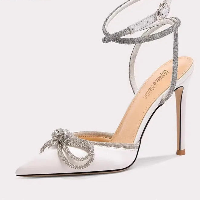 Silk rhinestone bow pointed toe wedding sandals