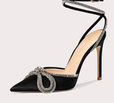 Silk bow high-heel sandals with rhinestone accents